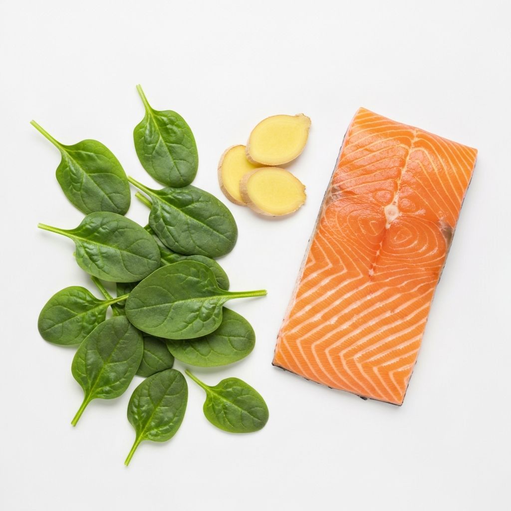 Complementary foods demonstrating nutrient synergy such as salmon and vegetables